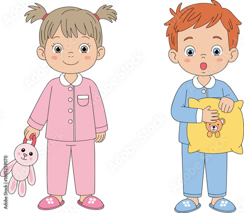 Cute boy and girl in pajamas, holding pillow and toy, cartoon children ready for bedtime, sleepwear illustration for kids and nursery