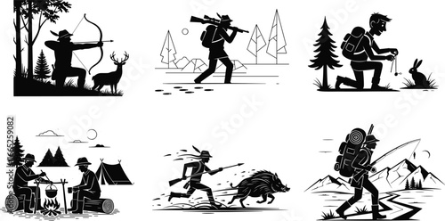 Hunting, fishing, camping, outdoor survival activities, forest adventure lifestyle, wilderness exploration, nature tracking, hiking with gear, mountain expedition journey