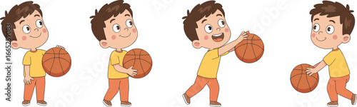 Cute boy playing basketball, cartoon child holding ball, sports activity illustration, happy kid practicing dribbling, healthy lifestyle concept, fun outdoor game scene
