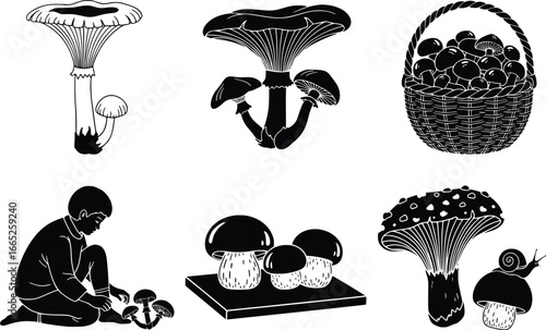 Collection of forest mushrooms and forager silhouette stylized retro linocut art design elements
