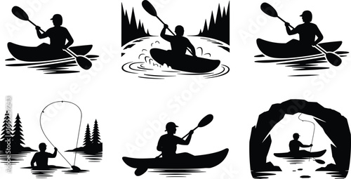 Kayaking and fishing adventure, outdoor water sports, river exploration, fishing in kayak, nature recreation, paddling activity, water adventure, forest landscape, cave fishing.