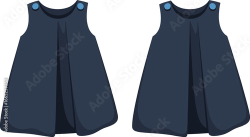 "Dark navy baby pinafore dress, sleeveless toddler clothing, infant jumper outfit, kids fashion apparel, flat lay garment illustration design