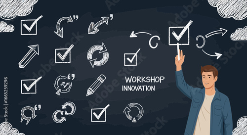 Innovation Workshop Presentation with Chalkboard Background and Hand-Drawn Elements