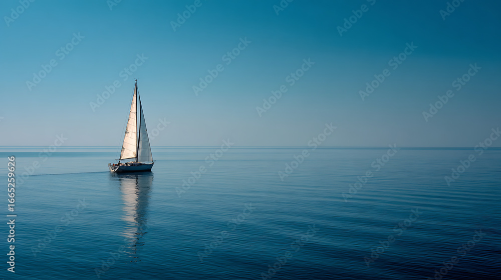 Obraz premium Sailboat gliding peacefully across calm waters during early morning hours