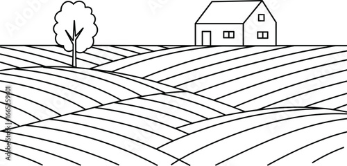 Farm Landscape with House and Tree on Rolling Hills Black and White Vector Line Art Agriculture Rural Life Countryside