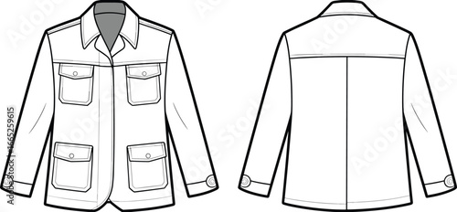Field jacket front and back view, fashion flat sketch, vector clothing template, casual outerwear design, technical drawing for garment production and manufacturing