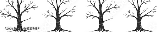 Four bare winter trees silhouette illustration, leafless tree vector design, nature pattern artwork, seasonal woodland graphic, isolated forest background