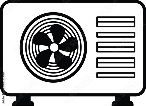 Outdoor air conditioner unit icon, black and white vector illustration, cooling system, climate control, hvac, modern air conditioning equipment