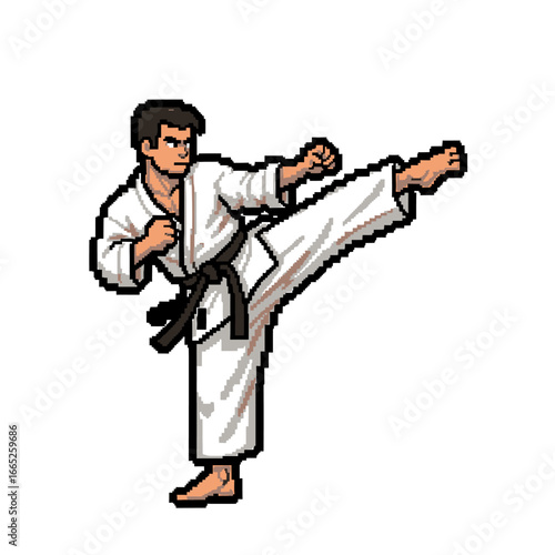 A pixel-art illustration of a karateka executing a powerful high kick.