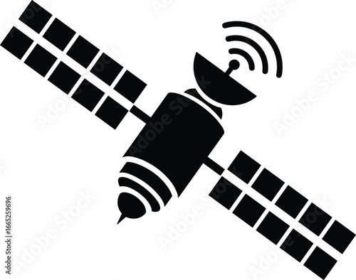 Satellite icon on white background, black and white vector illustration, telecommunication concept, broadcast and communication equipment