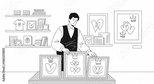 Line art illustration of a man arranging framed heart drawings in an art gallery shop