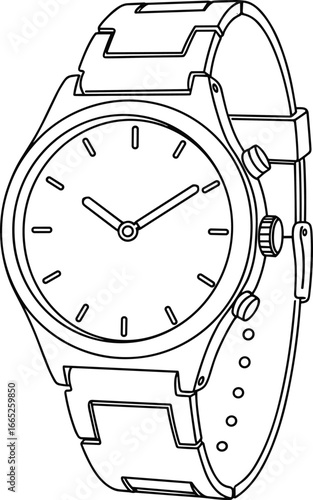 Classic wrist watch with line art design, accessory, modern timekeeping device, vector outline illustration, elegant timepiece isolated on white