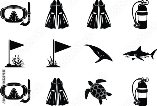 Scuba diving gear set underwater life aquatic equipment snorkel mask fins dive tank flags