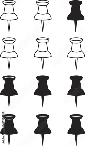 Collection of thumbtack icons, black and white vector illustration, push pin set, stationery, office supplies, reminder, notice board