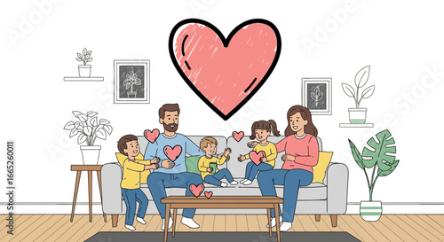 Lovely family spending time together concept illustration in modern living room full of love and joy