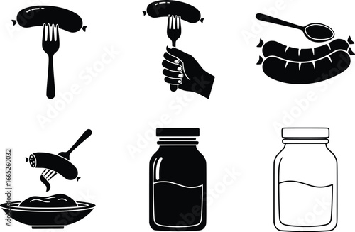 Collection of sausage food icons and jar designs for culinary and gastronomic themes