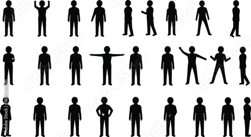 Human silhouettes, stick figure people, body posture, standing poses, gesture collection, abstract illustration, character design, vector outline, communication concept, lifestyle movement