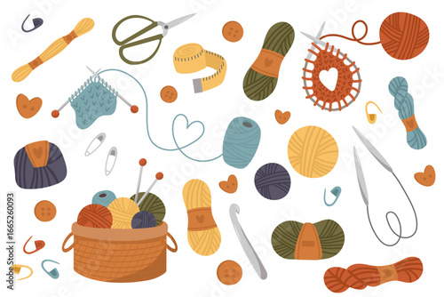 Set of wool yarn balls knitting with cozy yarn balls, needles, and handmade elements. A warm, leisurely hobby.