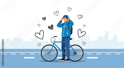 Man Adjusting Helmet Before Cycling Surrounded by Hearts in a Cityscape Backdrop