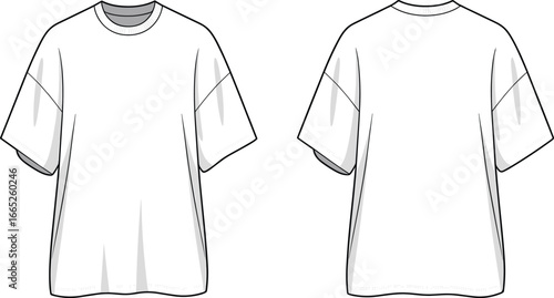 Oversized T-shirt technical flat sketch, front and back view, fashion CAD drawing, apparel design template, short sleeve casual clothing illustration
