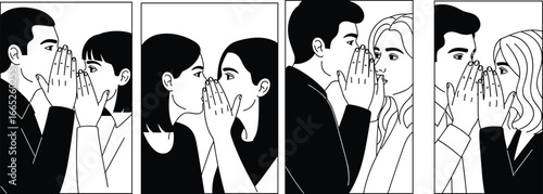 People whispering secrets illustration, gossip conversation drawing, confidential discussion artwork, secret talk communication, private message sharing, rumor spread concept, anonymous 