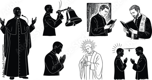Religious priests in various rituals and prayers, reading scriptures, preaching, praying, church service, spirituality, and Christian worship illustration set.