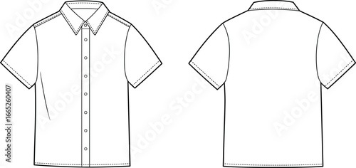 Short sleeve button up shirt front and back view, fashion flat sketch, vector clothing template, casual apparel design, technical garment production drawing