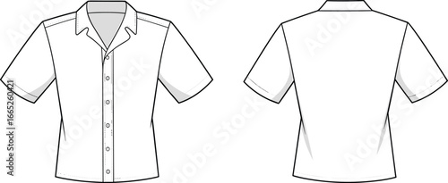 Short sleeve shirt technical flat sketch, front and back view, fashion CAD drawing, apparel design template, casual summer clothing illustration