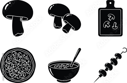 Mushroom themed culinary set featuring whole mushrooms pizza skewers bowl and cutting board