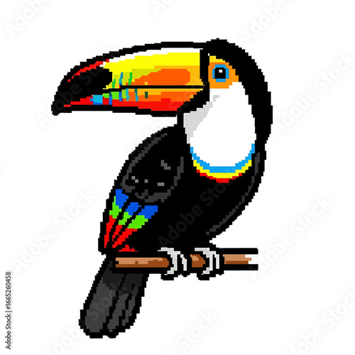 A vibrant pixel art toucan perched on a branch, showcasing its colorful beak and plumage.