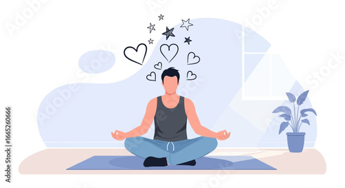 Man meditates at home for mental clarity and overall well-being and peacefulness