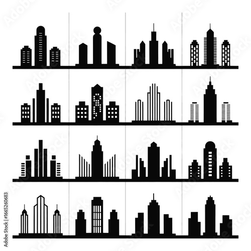 Silhouetted Cityscape Collection Vector Illustration showcasing diverse urban skylines and architectural designs for modern city themes