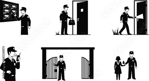 Security guard silhouette set, safety monitoring, patrolling, surveillance camera control, access management, night watch, black vector illustration for protection services