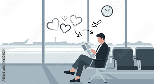 Man waiting for his flight at the airport while daydreaming about his love life