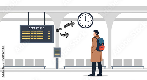 Man waits for his departure at the station contemplating the changing schedule