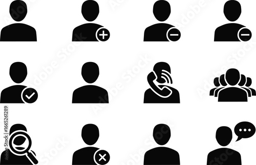 User profile icon set, communication symbols, contact management, group people avatars, phone call vector, chat message, social media illustration