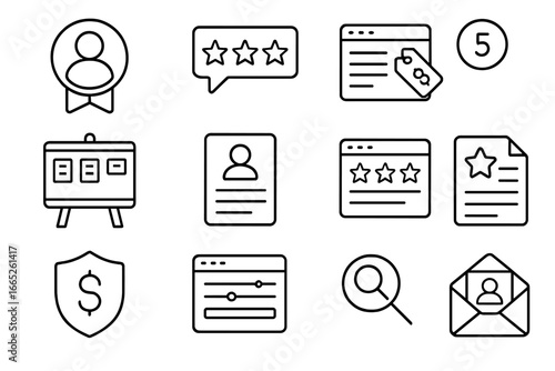Freelance Platform Icons. Line style icons of freelance job platforms: profile badge, client rating, gig post, job board,
