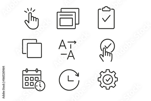 Time-Saving Icons. Line style icons of time saving shortcuts: quick action icon, template icon, copy task button, auto-fill icon,
