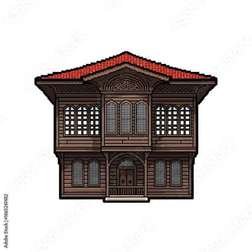 Pixelated illustration of a traditional wooden Ottoman house with a red tiled roof.