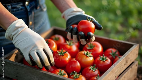 A close-up view of a farmer meticulously checking the quality of the tomato harvest, symbolizing the care, expertise, and high standards of local, organic farming.