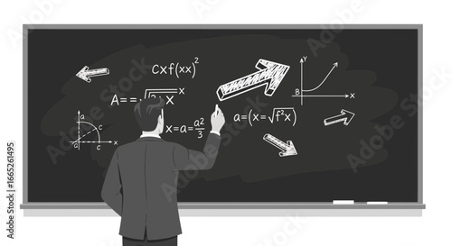 Man writing mathematical equations on a blackboard in a classroom setting illustration