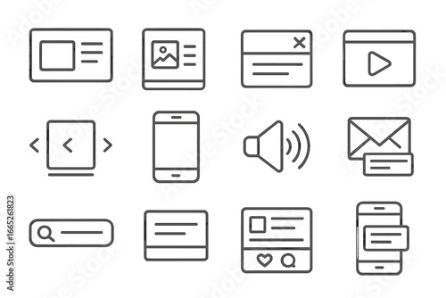 Advertising Format Icons. Line style icons of advertising formats: display banner, native ad icon, pop-up icon, video ad window,