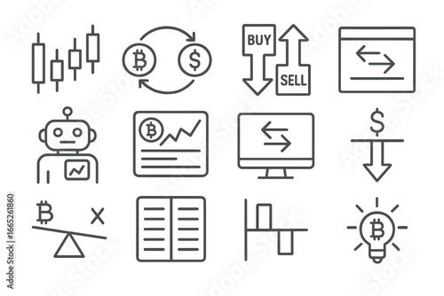 Crypto Trading Icons. Line style icons of crypto trading: candlestick chart, trading pair symbol, buy/sell arrows, limit order