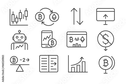 Crypto Trading Icons. Line style icons of crypto trading: candlestick chart, trading pair symbol, buy/sell arrows, limit order