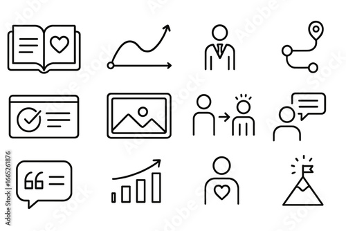 Business Storytelling Icons. Line style icons of business storytelling: brand story icon, emotional arc, founder journey,