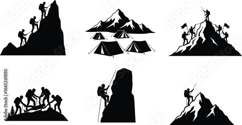 Silhouettes of mountain climbers ascending peaks, group camping, teamwork, rope climbing, outdoor adventure, hiking and mountaineering activities