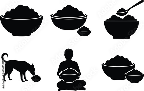 Silhouette food icons set featuring bowls of rice and people with dog enjoying meals