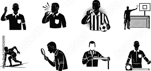 Silhouettes of referees, judges, and sports officials in action, whistle blowing, measuring, observing, officiating sports events, vector illustrations