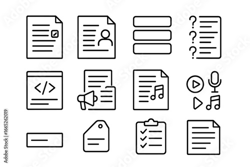 Podcast Planning Icons. Line style icons of podcast episode planning: episode outline, guest notes, timing blocks, question list,