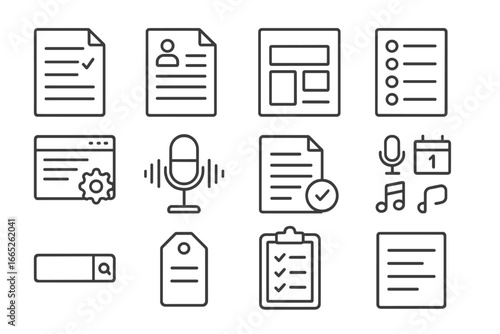 Podcast Planning Icons. Line style icons of podcast episode planning: episode outline, guest notes, timing blocks, question list,